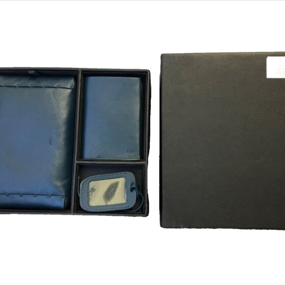 L'Atelier Lital Blue Leather Travel Toiletry Bag Luggage Tag Passport Holder 3pc - Picture 3 of 5